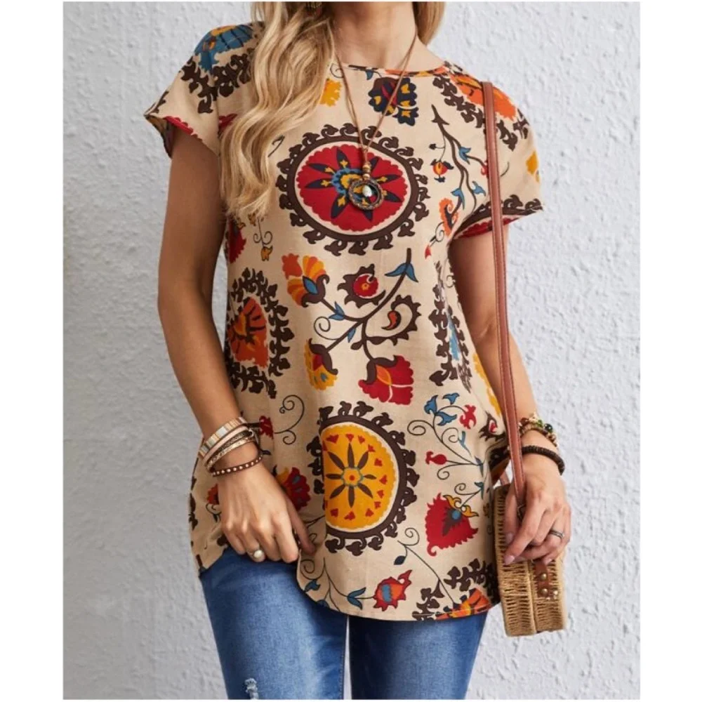 Boho Khaki Red Floral Tunic Top Cottagecore - Picture 1 of 4